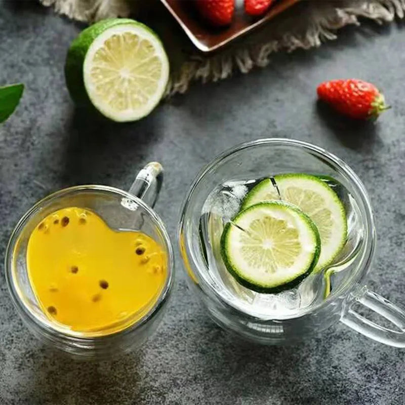 Glass Coffee Mug Heart Shaped Double Wall Heat Resistant