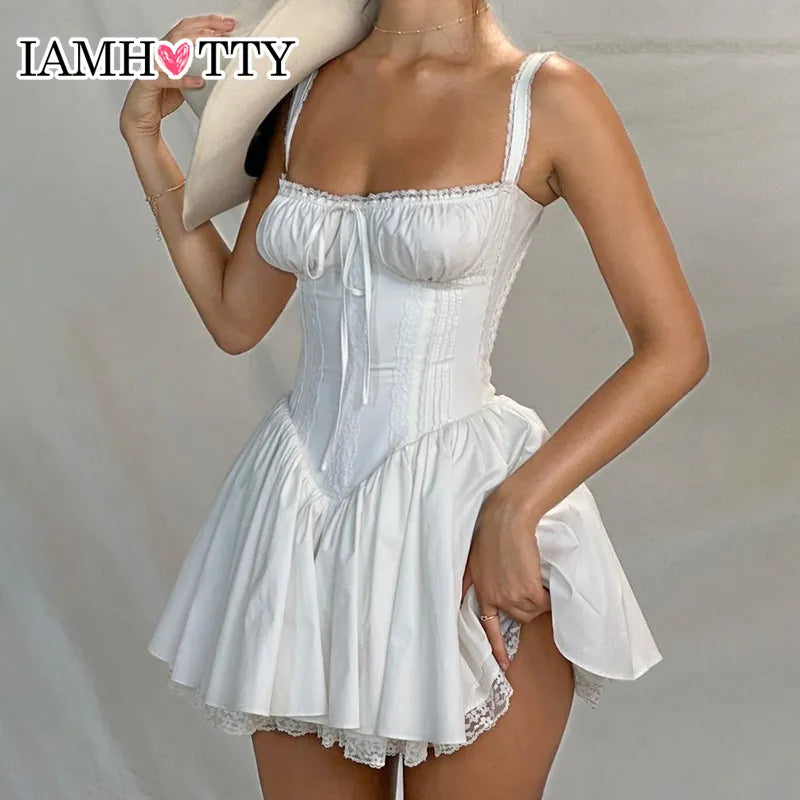 High-quality Lace Panel A-line Dress White Sleeveless Mini Corset Dresses