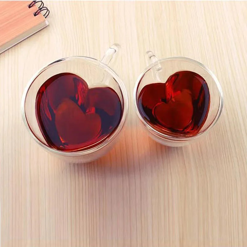 Glass Coffee Mug Heart Shaped Double Wall Heat Resistant