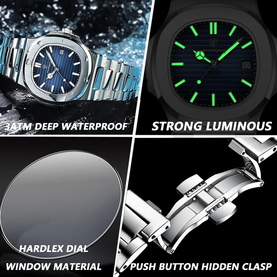 POEDAGAR Luxury Watch Business Waterproof Male Clock Stainless Steel Square Quartz Men