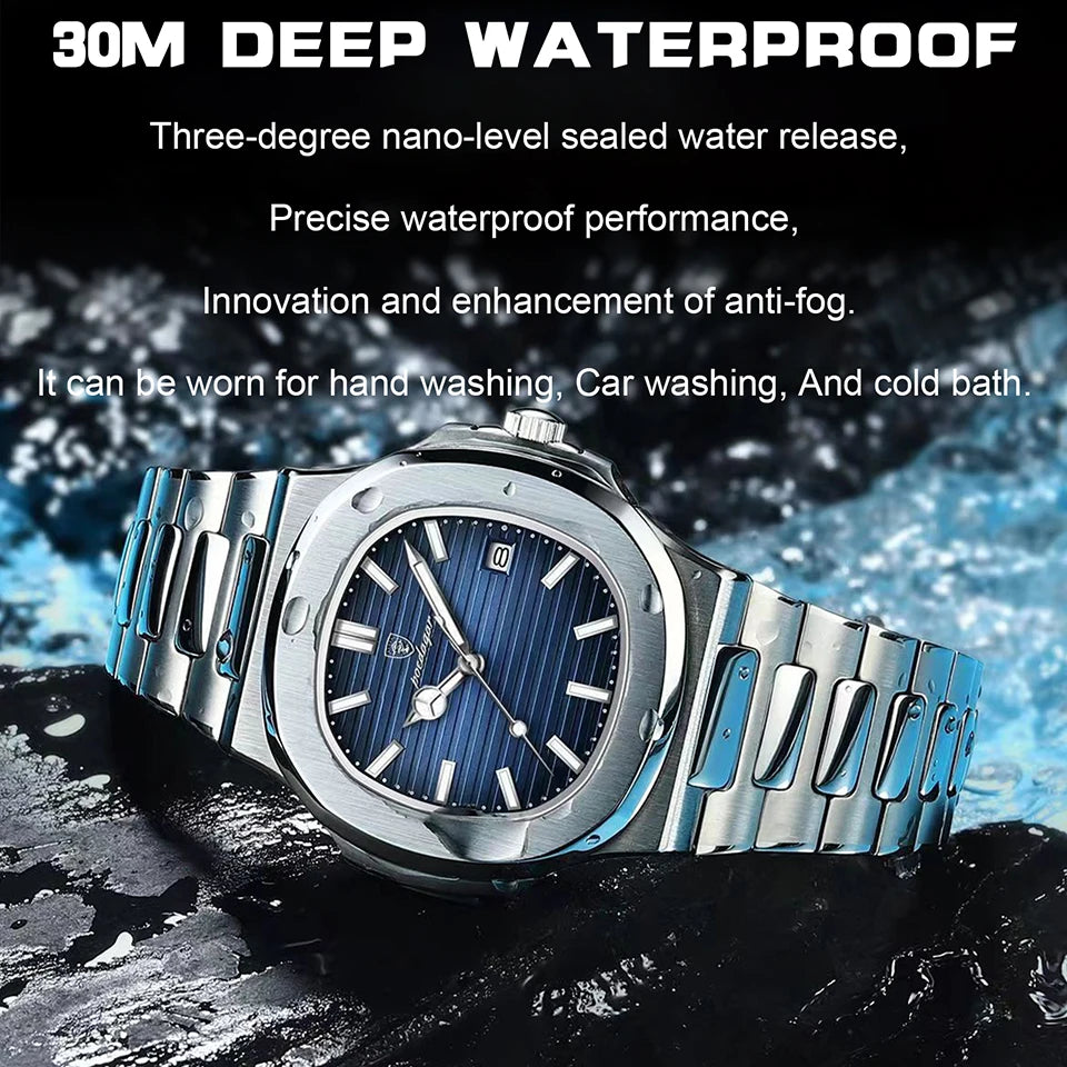 POEDAGAR Luxury Watch Business Waterproof Male Clock Stainless Steel Square Quartz Men