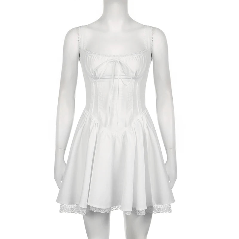 High-quality Lace Panel A-line Dress White Sleeveless Mini Corset Dresses
