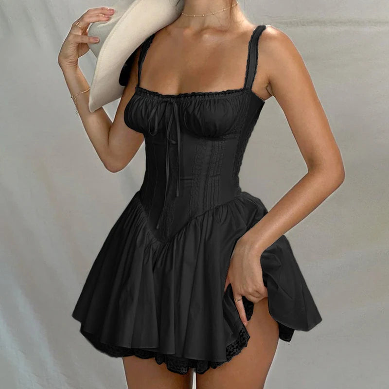 High-quality Lace Panel A-line Dress White Sleeveless Mini Corset Dresses