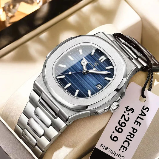 POEDAGAR Luxury Watch Business Waterproof Male Clock Stainless Steel Square Quartz Men