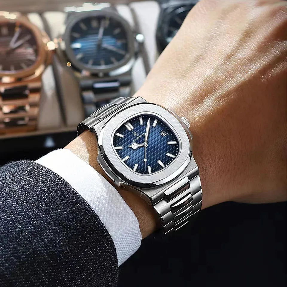 POEDAGAR Luxury Watch Business Waterproof Male Clock Stainless Steel Square Quartz Men