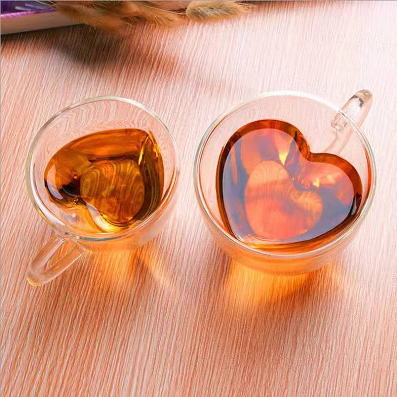 Glass Coffee Mug Heart Shaped Double Wall Heat Resistant