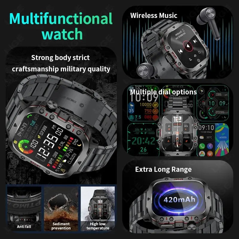 LIGE New Smart Watch 1.96 Inch Screen 420 MAh Bluetooth Call Voice Assistant Waterproof