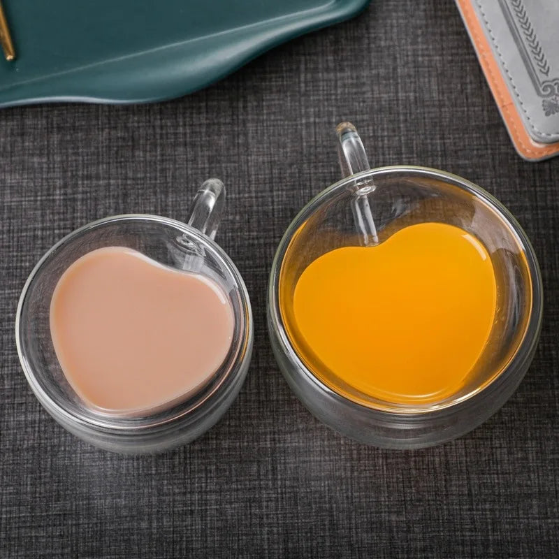 Glass Coffee Mug Heart Shaped Double Wall Heat Resistant
