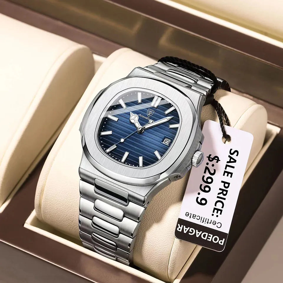 POEDAGAR Luxury Watch Business Waterproof Male Clock Stainless Steel Square Quartz Men